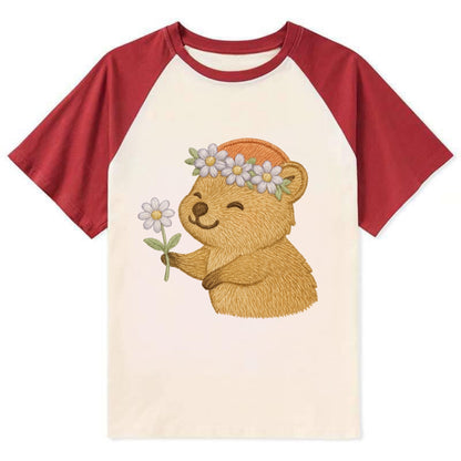 Quokka Daisy Chain - Contrast Raglan T-shirt - Red