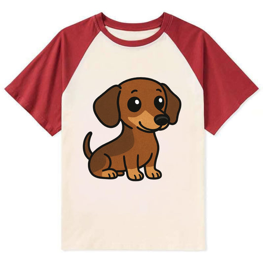 Dachshund - Long body profile view - Contrast Raglan T-shirt - Red