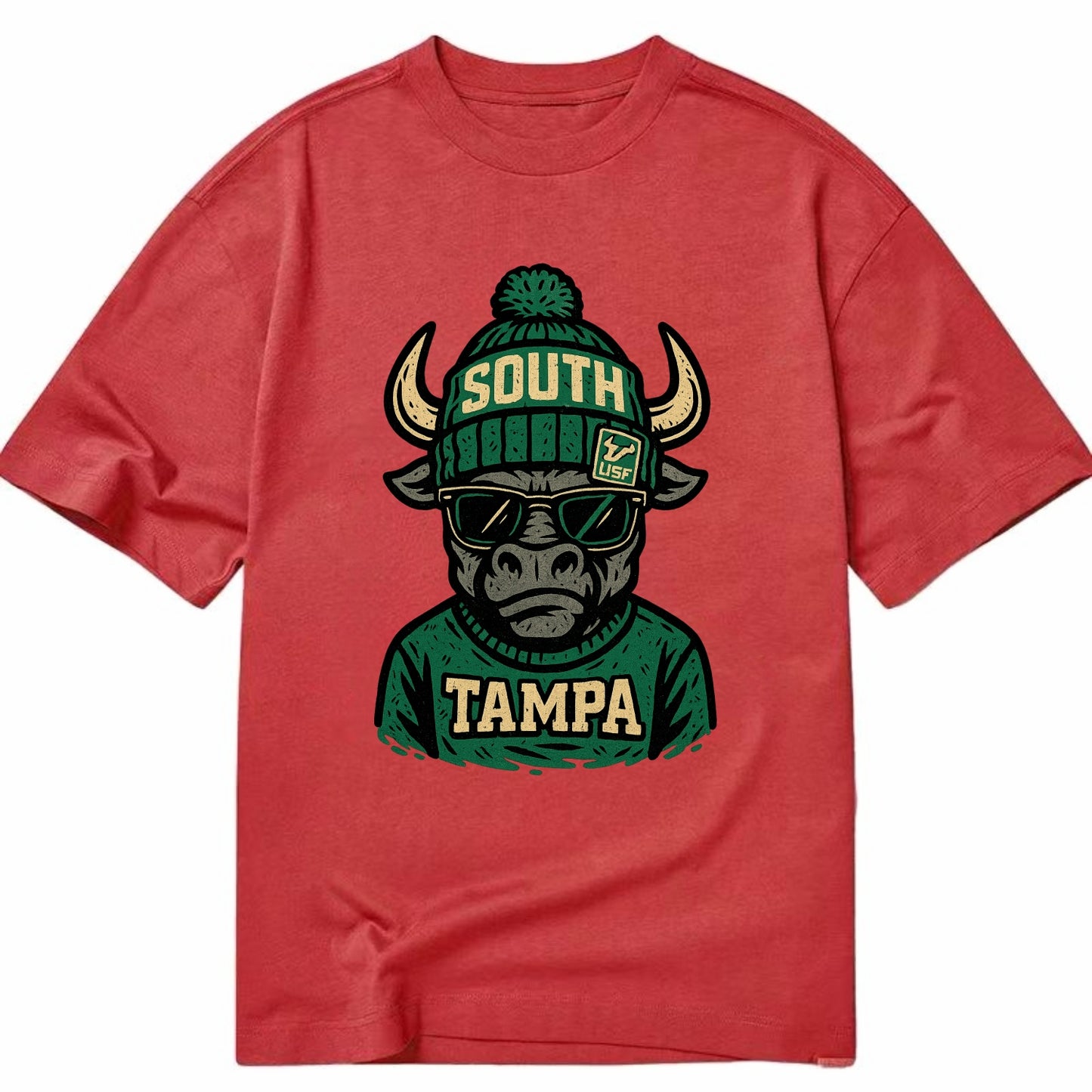 Tampa Bull wearing South Florida beanie with USF patch - Classic T-shirt - Red