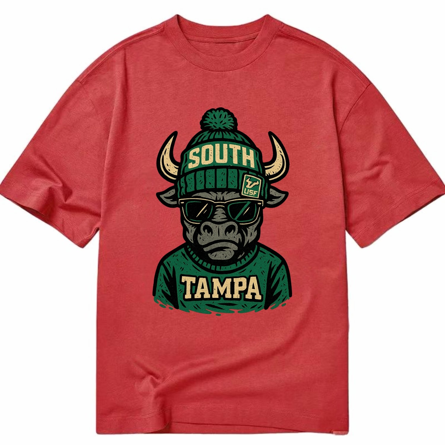 Tampa Bull wearing South Florida beanie with USF patch - Classic T-shirt - Red