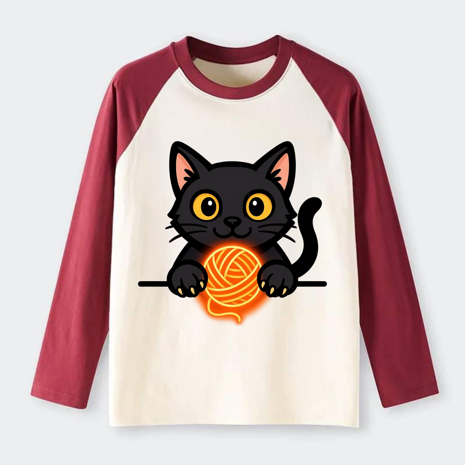 Midnight the black cat popping out of a gift box lid with ribbon - Raglan Long Sleeve T-Shirt - Red