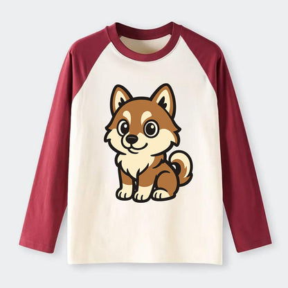 Pomsky - Pomeranian-Husky mix sitting pose - Raglan Long Sleeve T-Shirt - Red