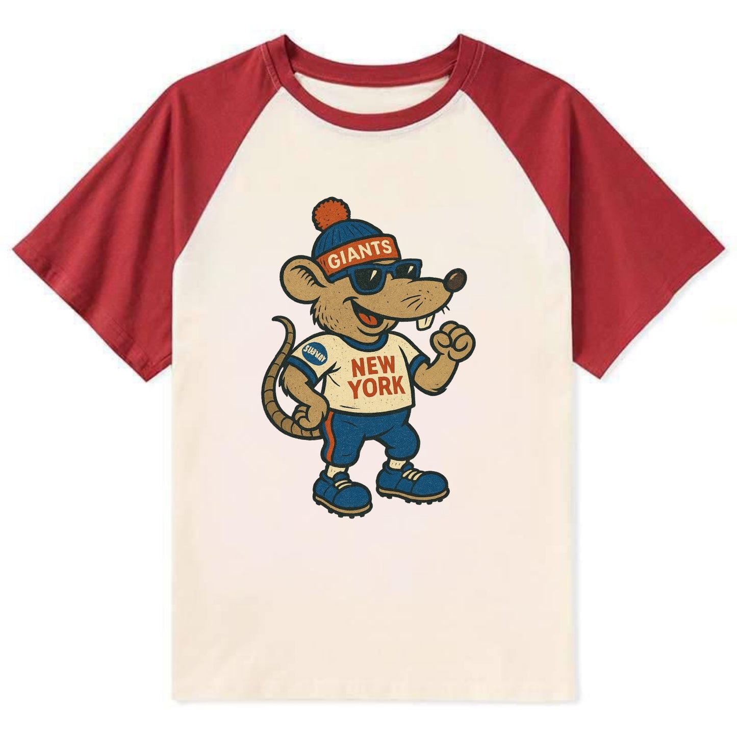 New York Rat wearing Giants beanie with subway patch and wayfarer - Contrast Raglan T-shirt - Red