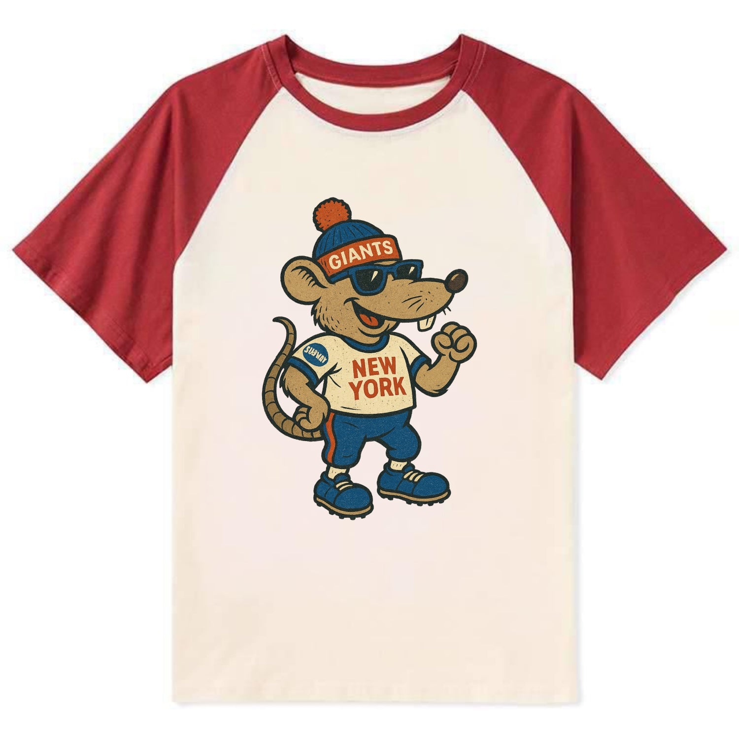 New York Rat wearing Giants beanie with subway patch and wayfarer - Contrast Raglan T-shirt - Red