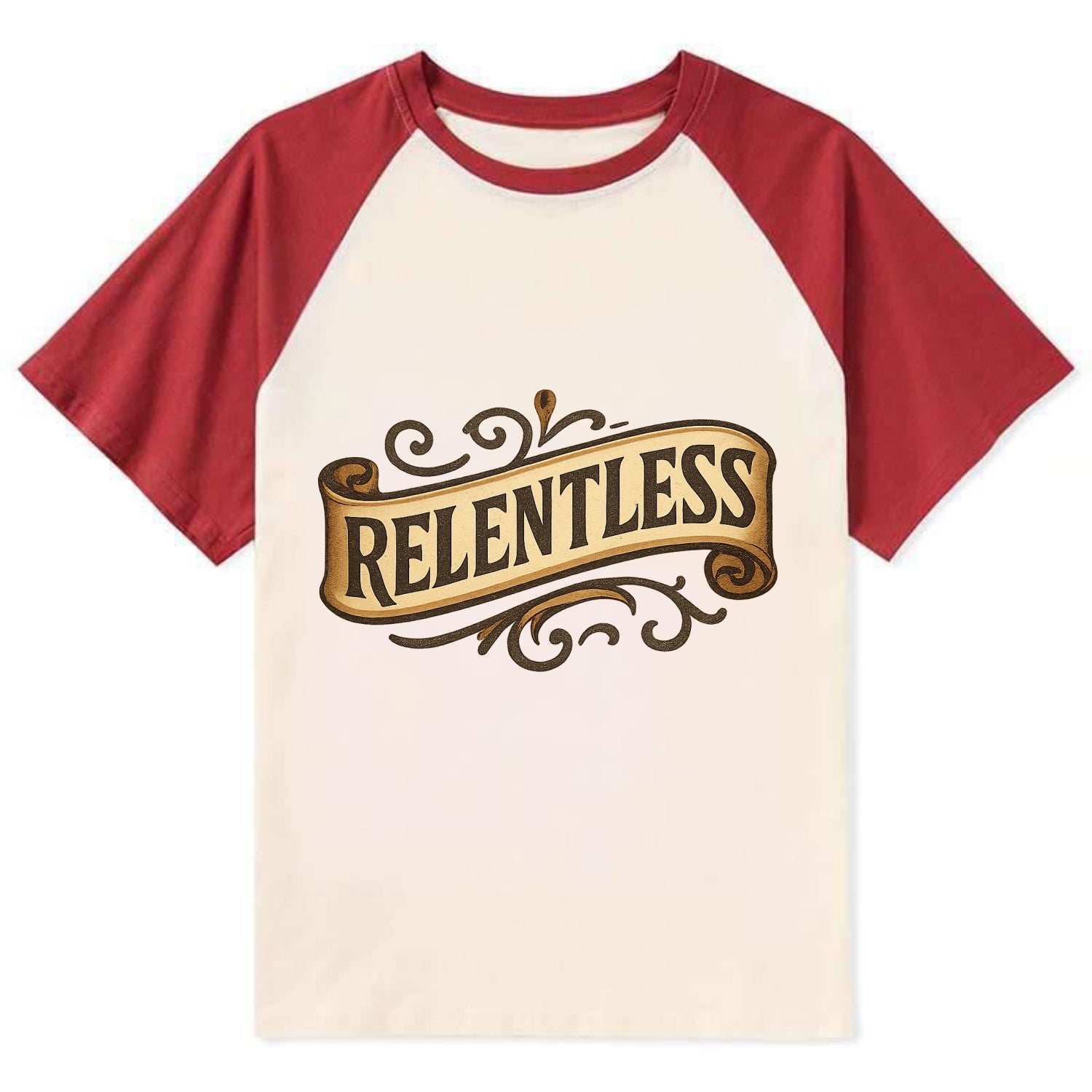 Bold typography design - "RELENTLESS" - never giving up, persistent - Contrast Raglan T-shirt - Red