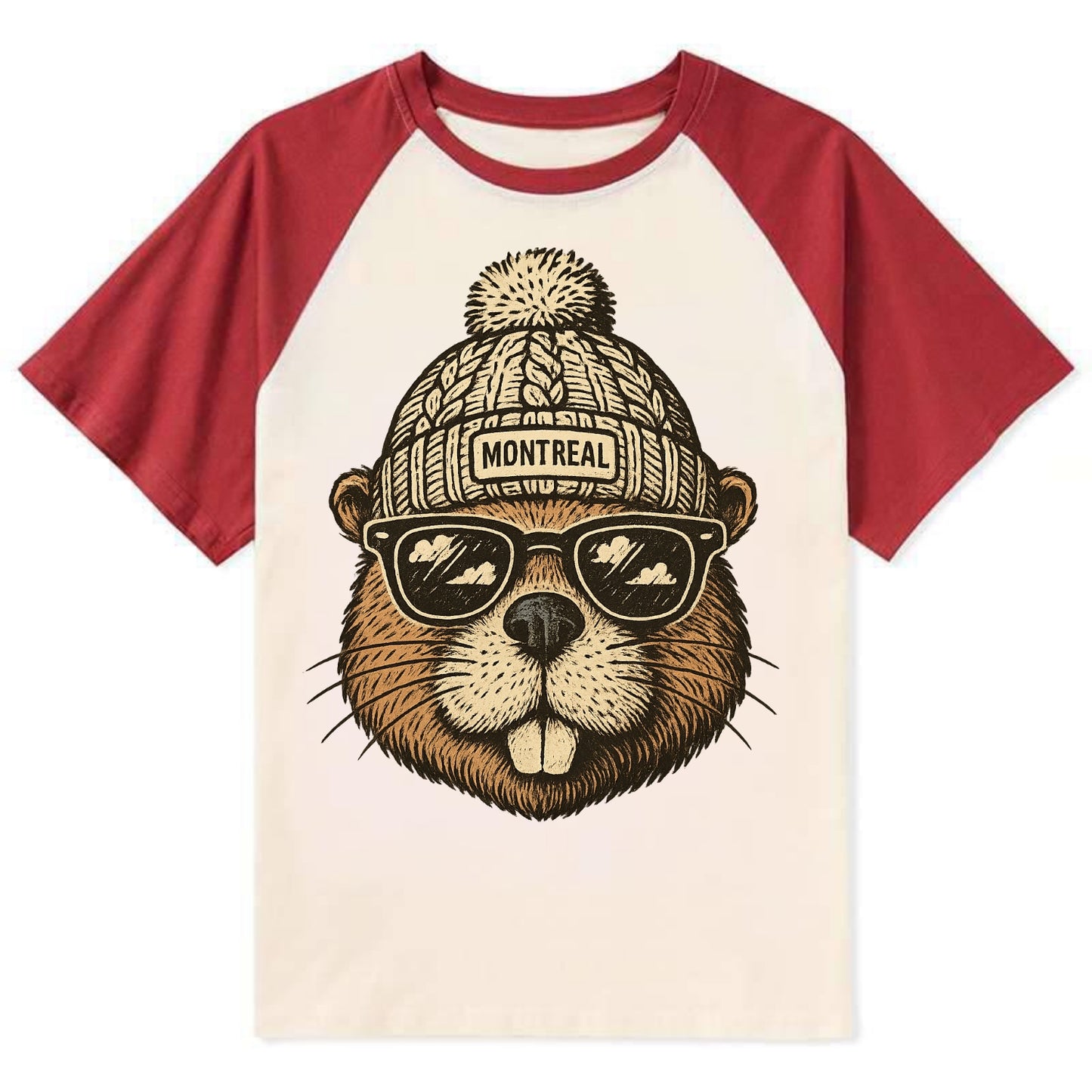 Montreal Beaver wearing Montreal beanie - Contrast Raglan T-shirt - Red