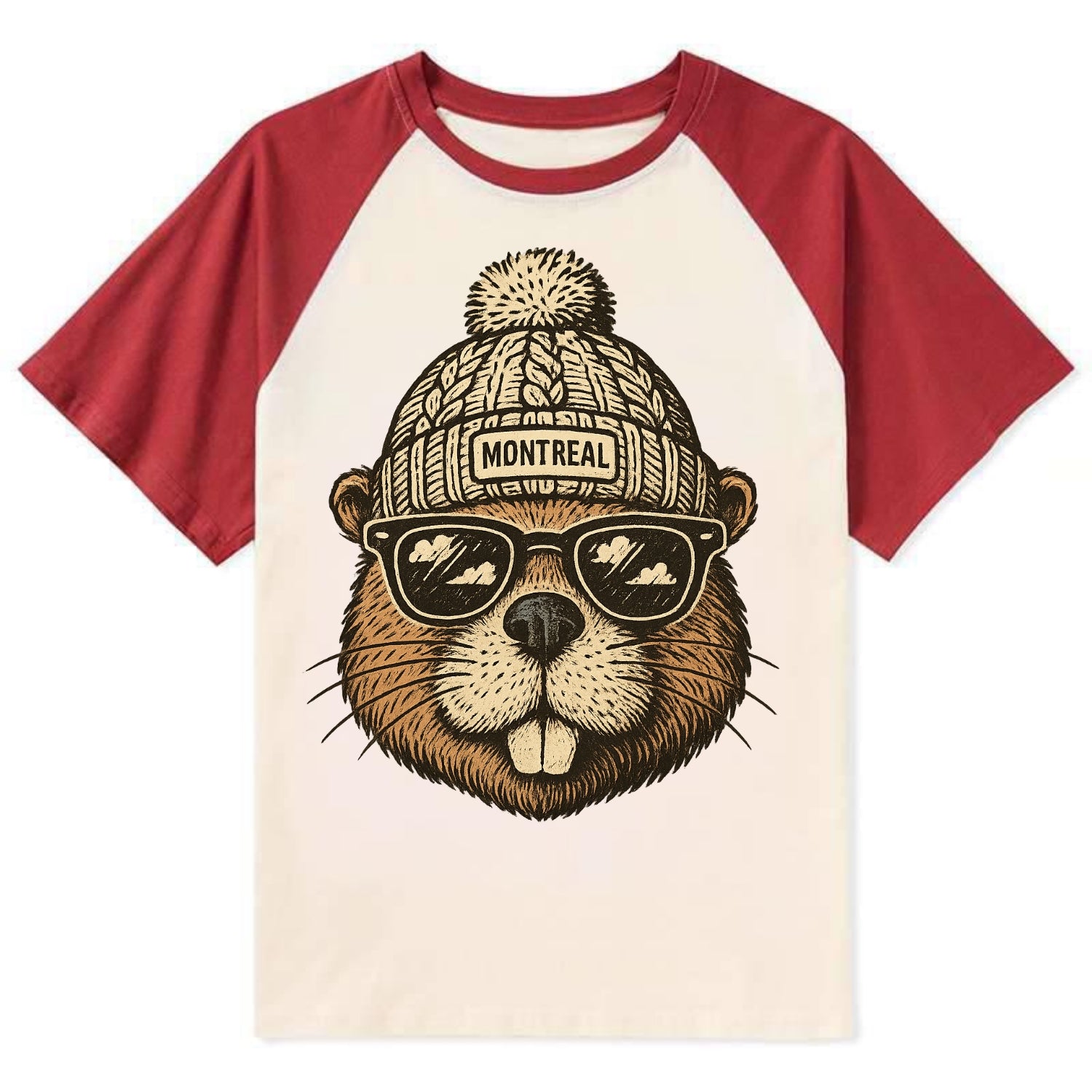 Montreal Beaver wearing Montreal beanie - Contrast Raglan T-shirt - Red