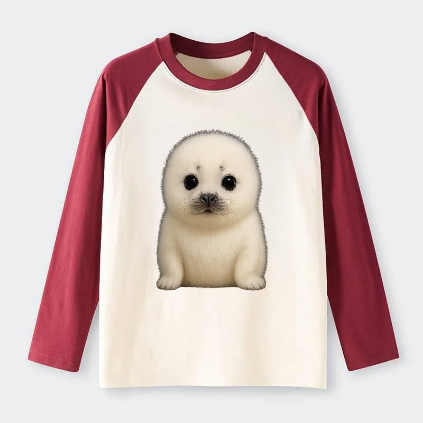 Baby Harp Seal - pure white fluffy fur, enormous dark eyes, - Raglan Long Sleeve T-Shirt - Red