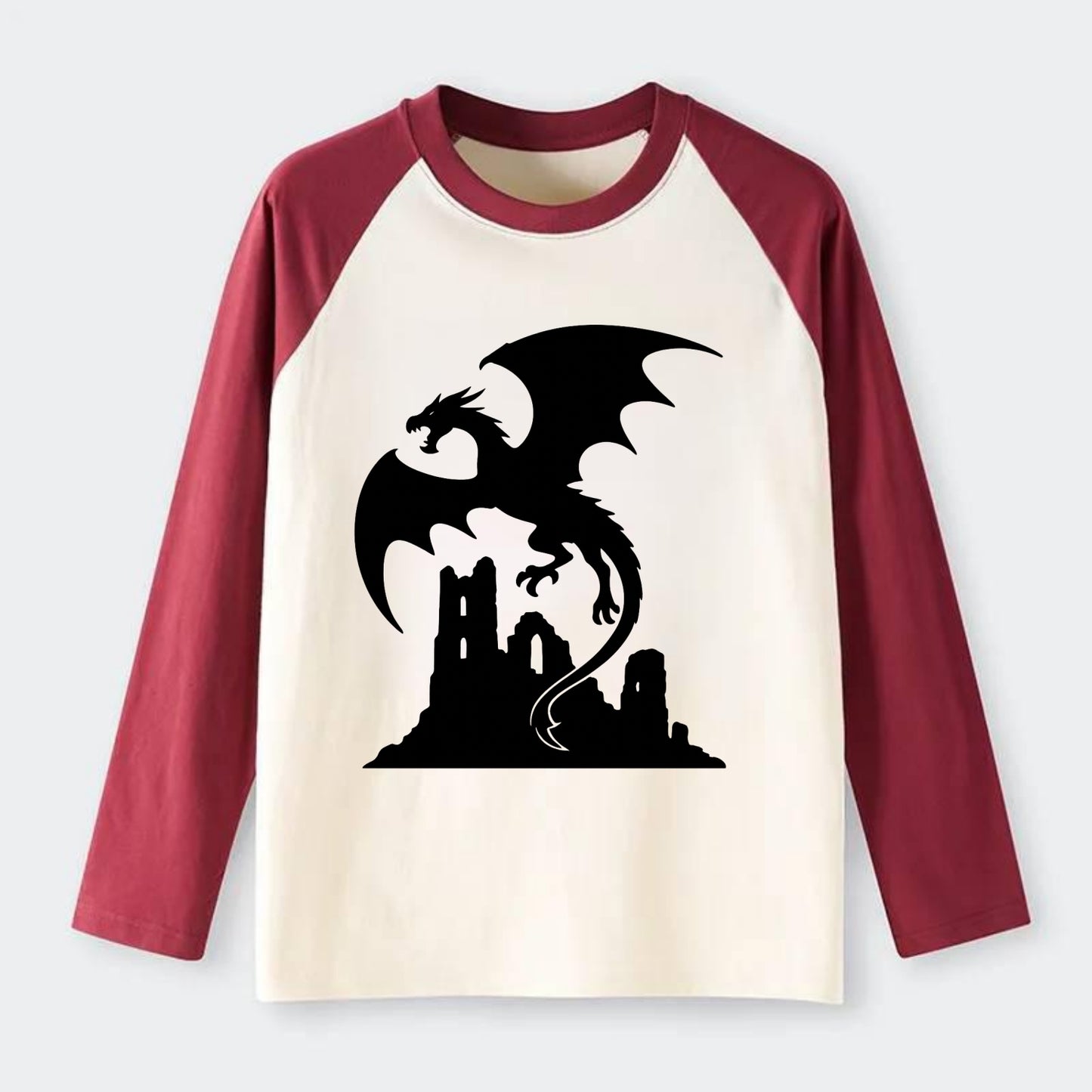 Dragon flying over castle ruins - Raglan Long Sleeve T-Shirt - Red