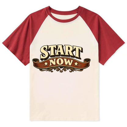 Bold typography design - "START NOW" - begin immediately, no delay - Contrast Raglan T-shirt - Red