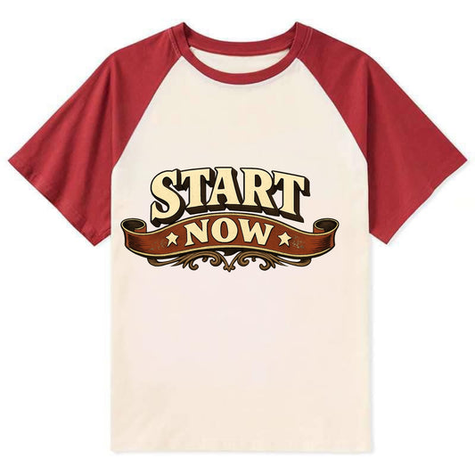 Bold typography design - "START NOW" - begin immediately, no delay - Contrast Raglan T-shirt - Red