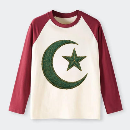 Crescent Moon and Star - Raglan Long Sleeve T-Shirt - Red