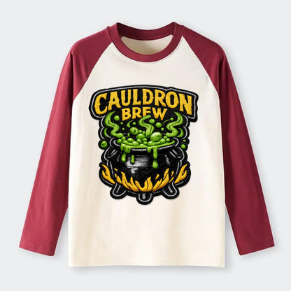CAULDRON BREW - bubbling pot in black and green , witch craft - Raglan Long Sleeve T-Shirt - Red
