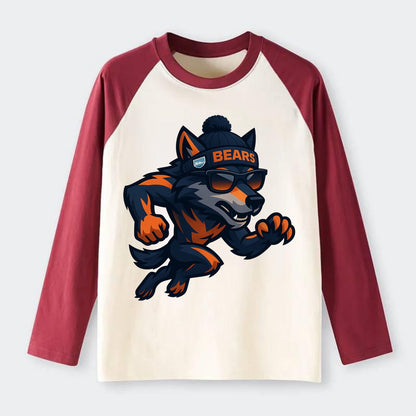 Chicago Wolf wearing Bears beanie with Lake Michigan patch and - Raglan Long Sleeve T-Shirt - Red