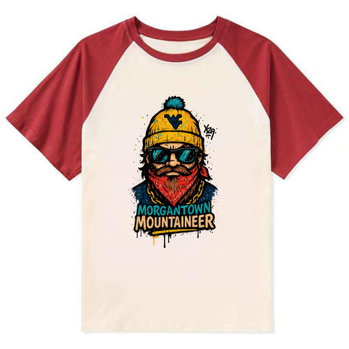 Morgantown Mountaineer wearing West Virginia beanie with WV patch - Contrast Raglan T-shirt