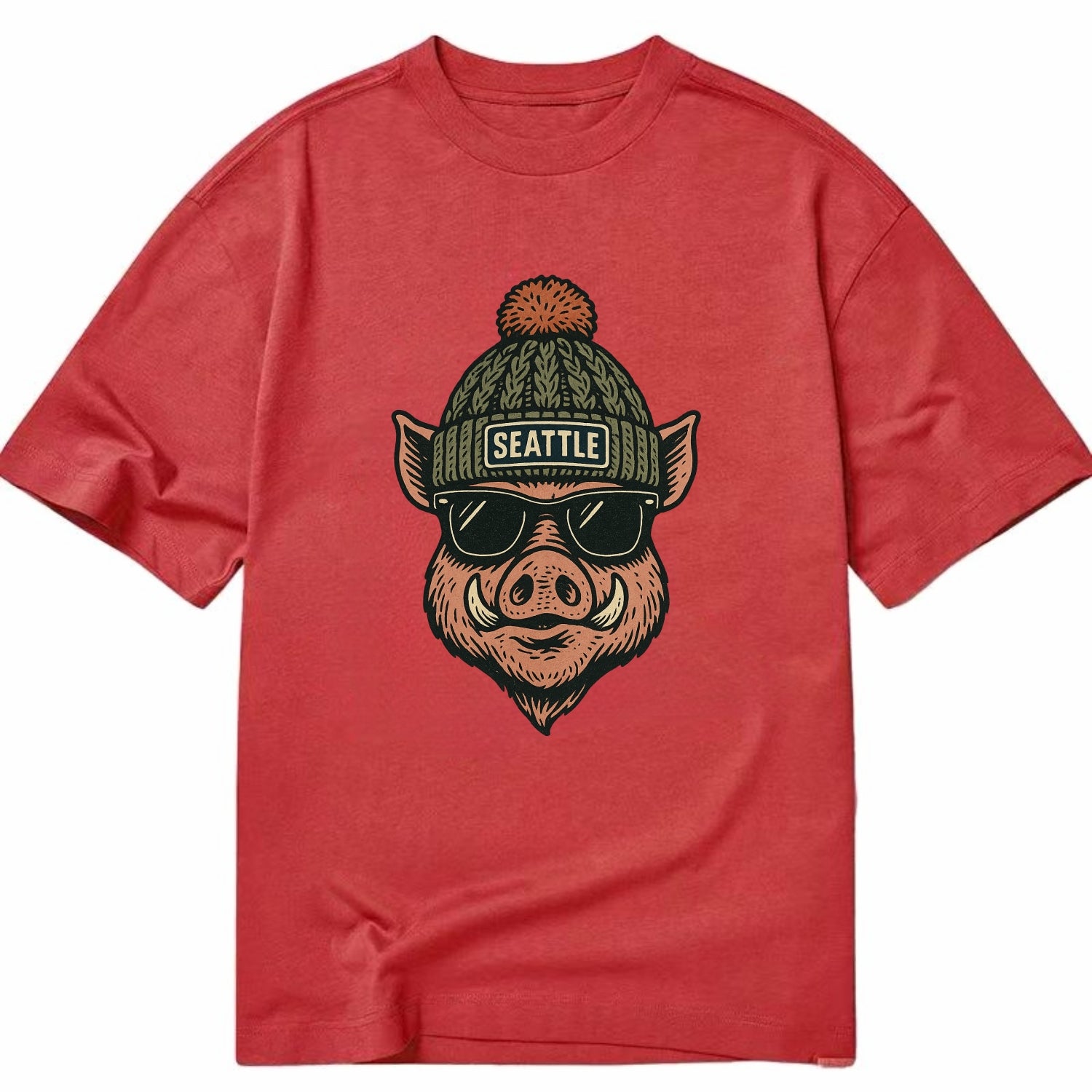 Washington Hog wearing Seattle beanie with pom pom and wayfarer sunglasses - Classic T-shirt - Red