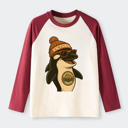 Victoria Orca wearing Victoria beanie wi - Raglan Long Sleeve T-Shirt - Red