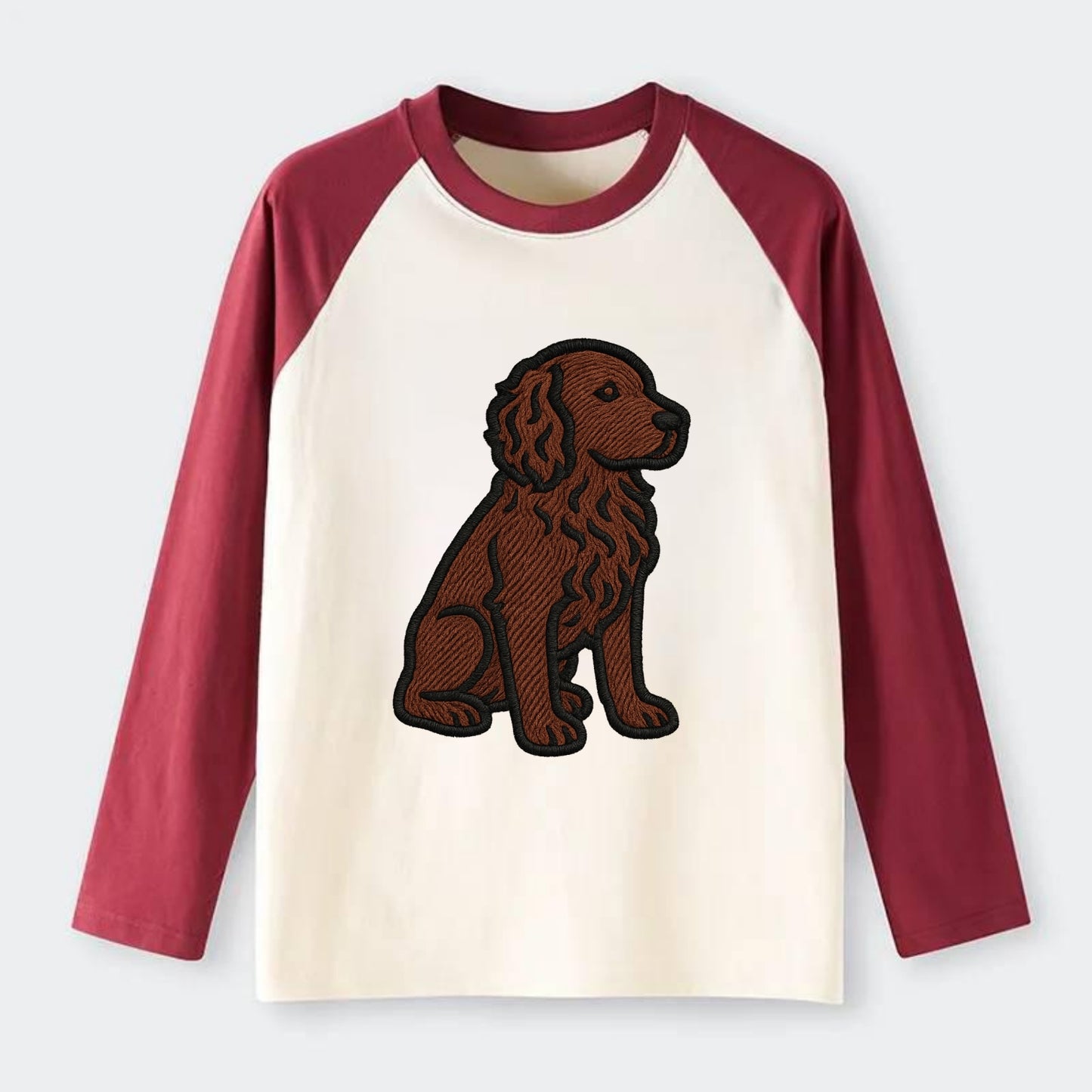 Boykin Spaniel - Rich chocolate brown wavy coat embroidered sitting - Raglan Long Sleeve T-Shirt - Red