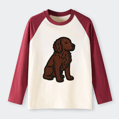 Boykin Spaniel - Rich chocolate brown wavy coat embroidered sitting - Raglan Long Sleeve T-Shirt - Red