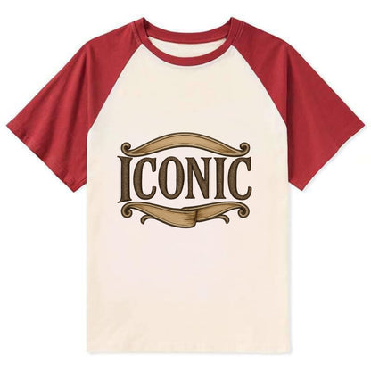 Bold typography design - "ICONIC" - instantly recognizable, trendsetter - Contrast Raglan T-shirt - Red