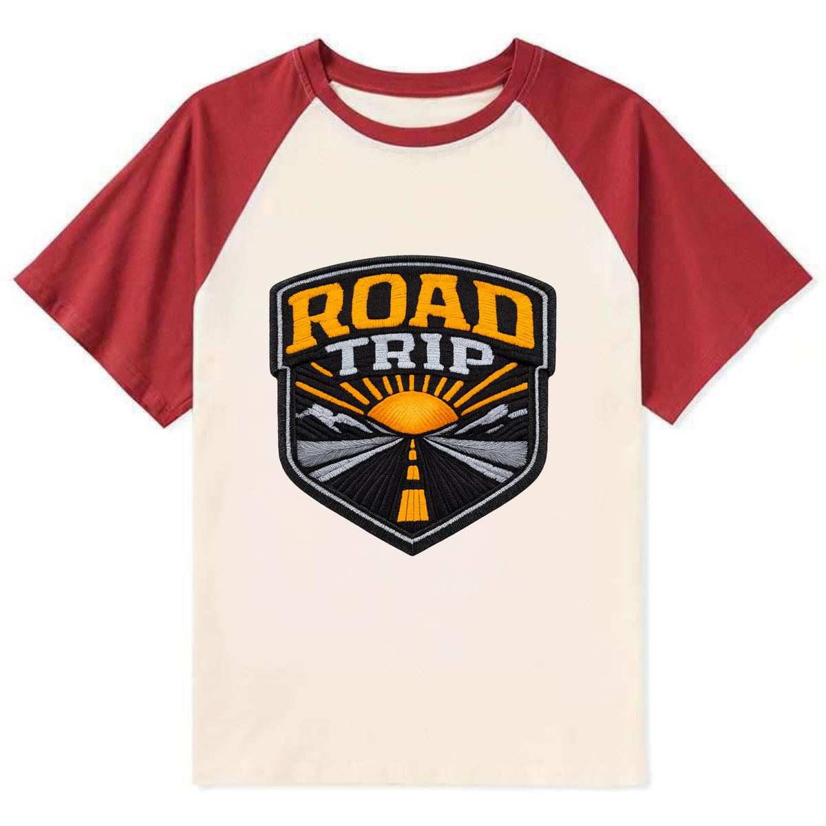 ROAD TRIP - highway and sun in orange and gray , open road - Contrast Raglan T-shirt - Red