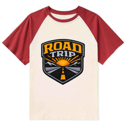 ROAD TRIP - highway and sun in orange and gray , open road - Contrast Raglan T-shirt - Red