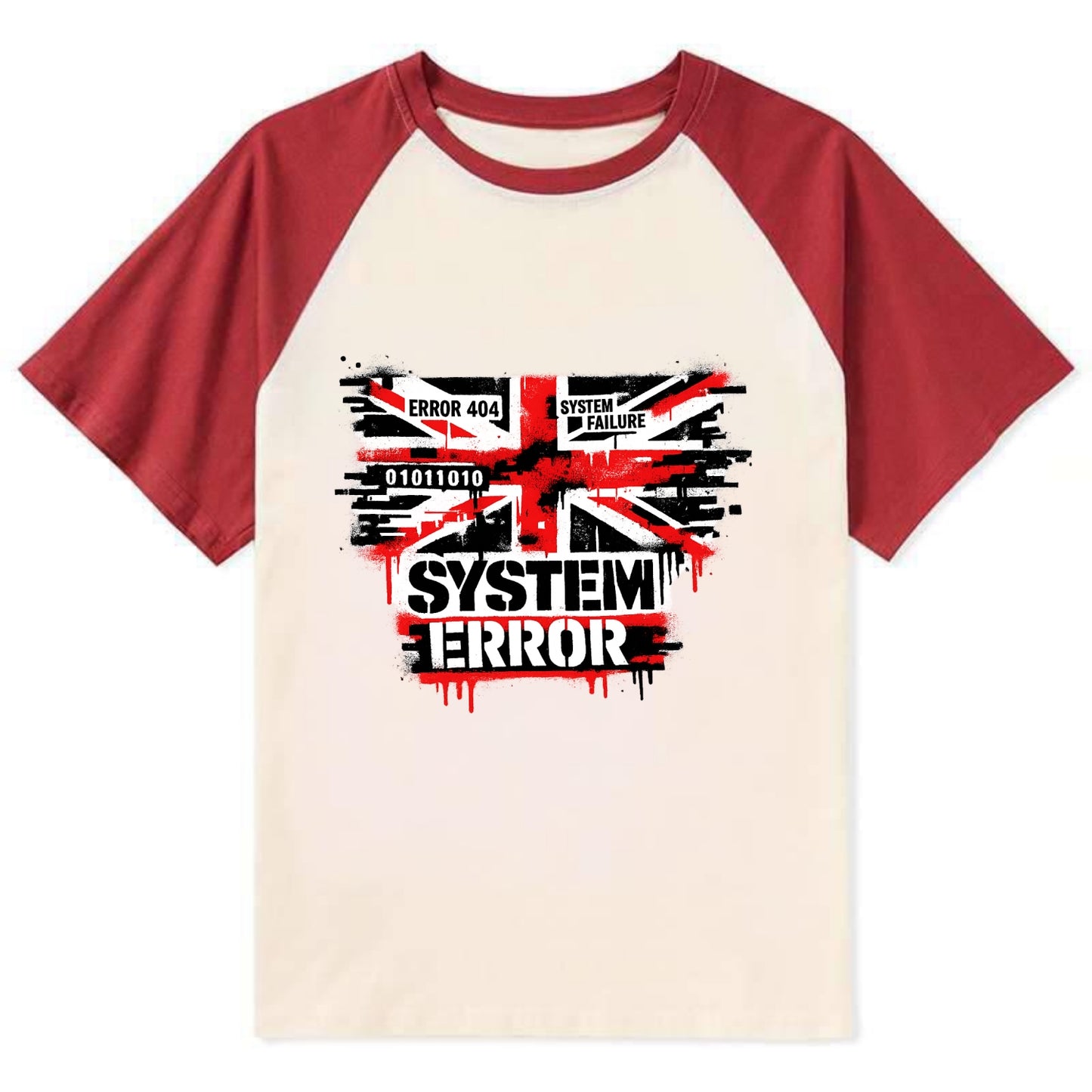 SYSTEM ERROR | Glitch Union Jack pattern | Digital corruption effect | - Contrast Raglan T-shirt - Red