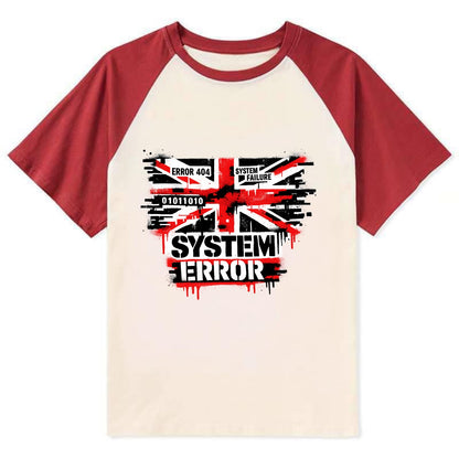 SYSTEM ERROR | Glitch Union Jack pattern | Digital corruption effect | - Contrast Raglan T-shirt - Red