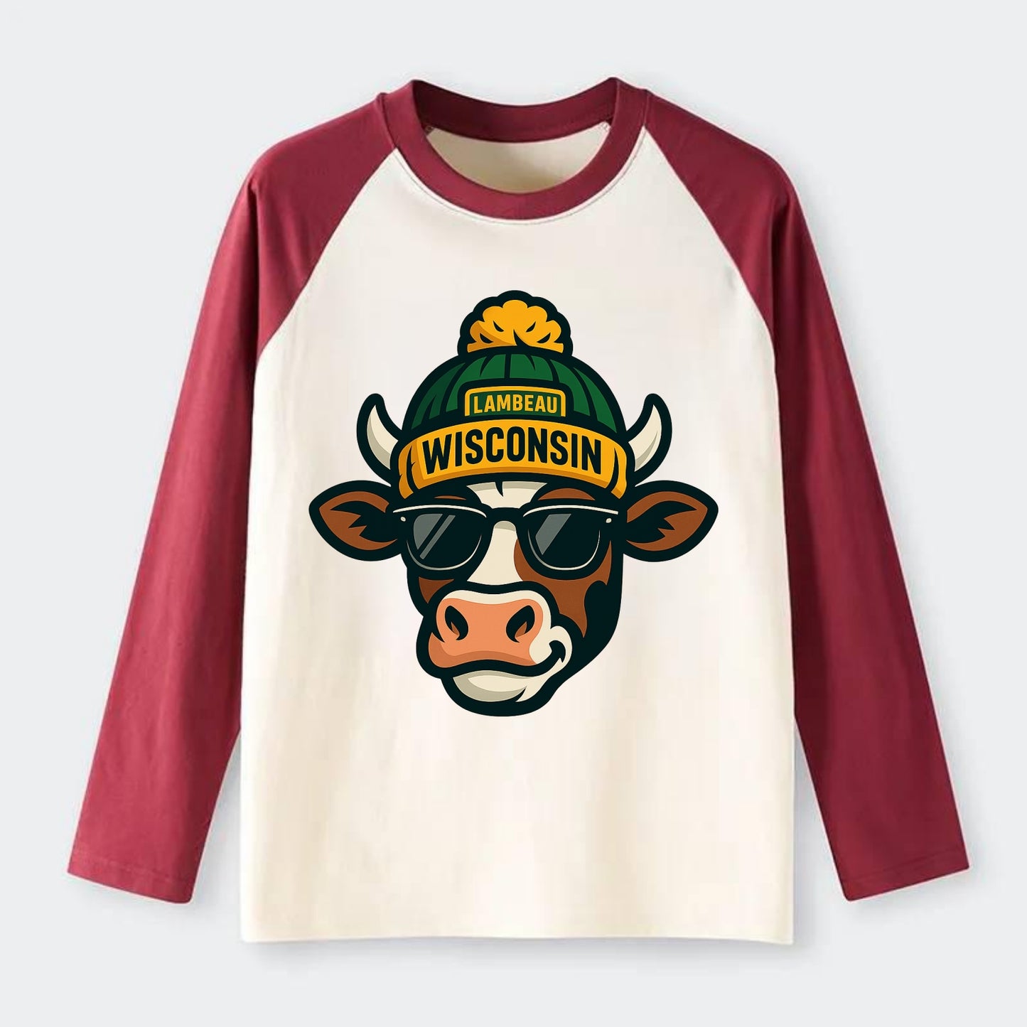 Wisconsin Cow wearing Packers beanie with Lambeau patch and wayfarer - Raglan Long Sleeve T-Shirt - Red