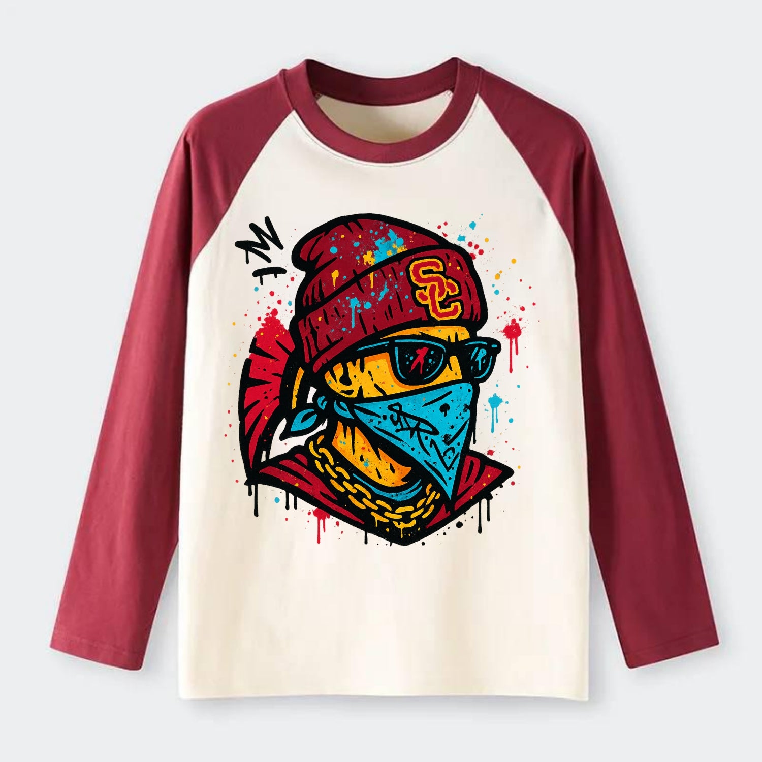 Los Angeles Trojan wearing USC beanie with SC patch - Raglan Long Sleeve T-Shirt - Red