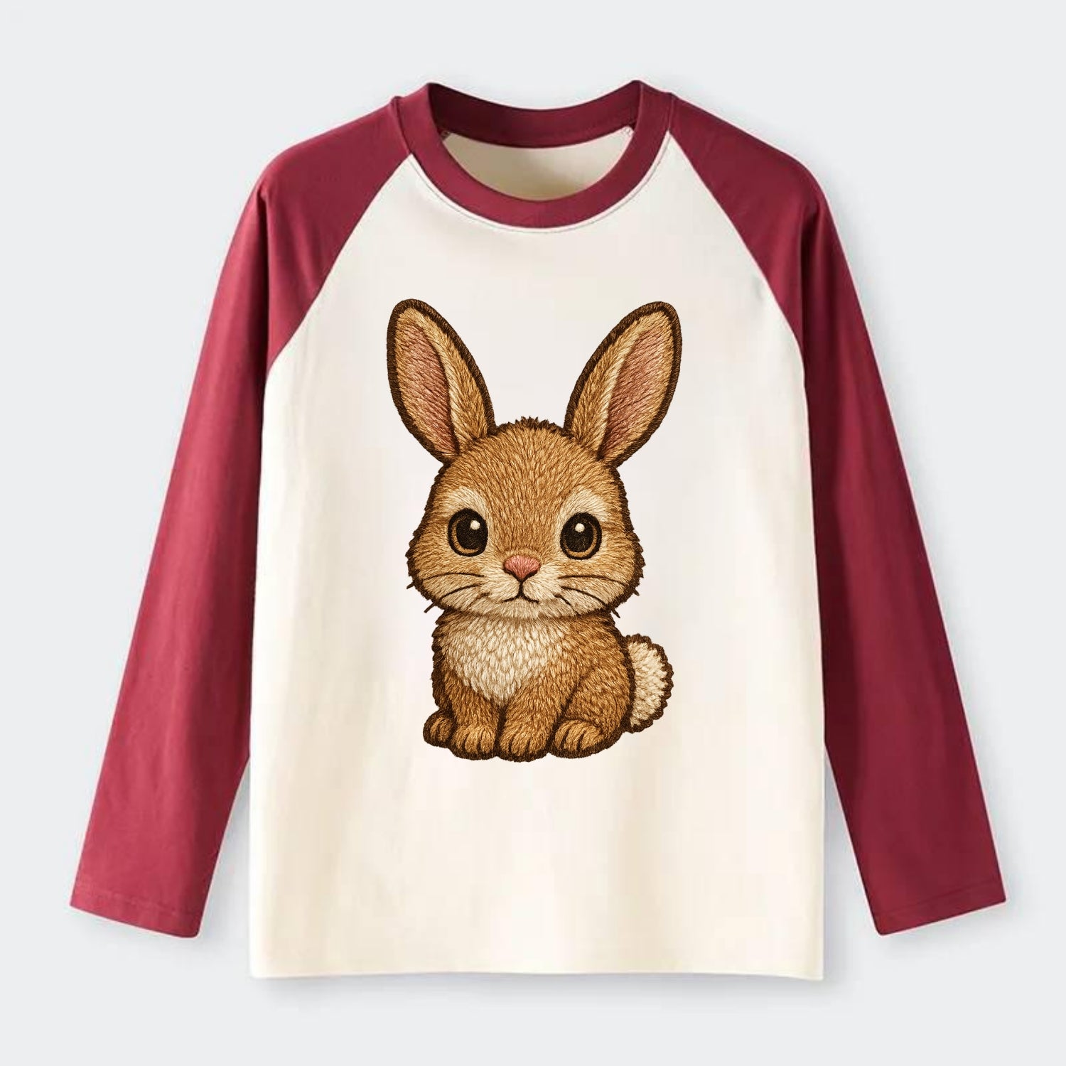 Baby Rabbit - long ears, fluffy white tail, pink nose, large brown - Raglan Long Sleeve T-Shirt - Red