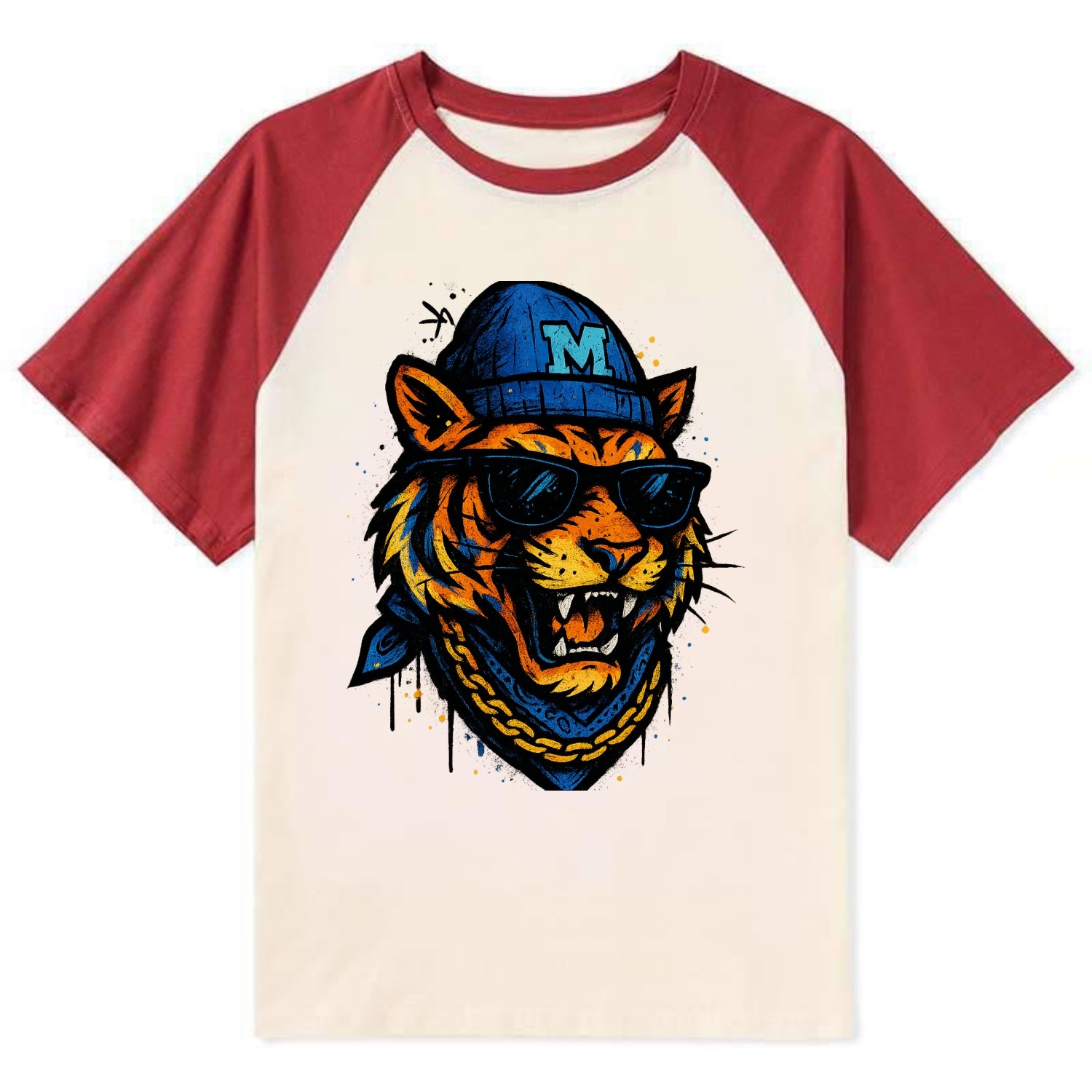 Memphis Tiger wearing Memphis beanie with M patch - Contrast Raglan T-shirt - Red