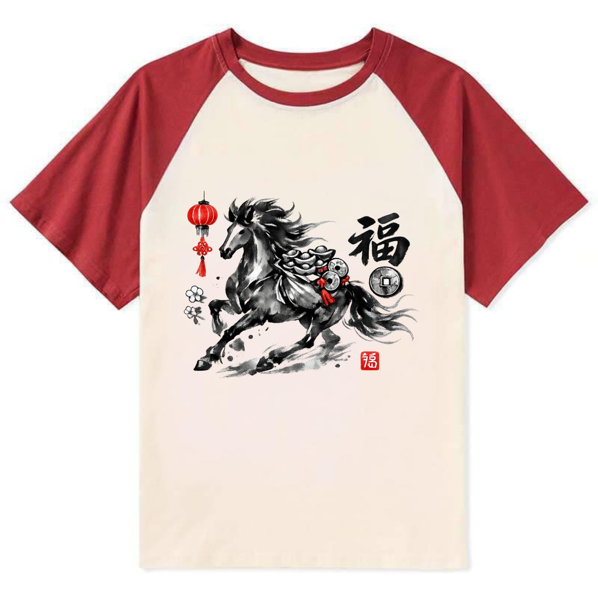 PROSPERITY HORSE | Horse carrying gold ingots and coins | Chinese knot - Contrast Raglan T-shirt - Red