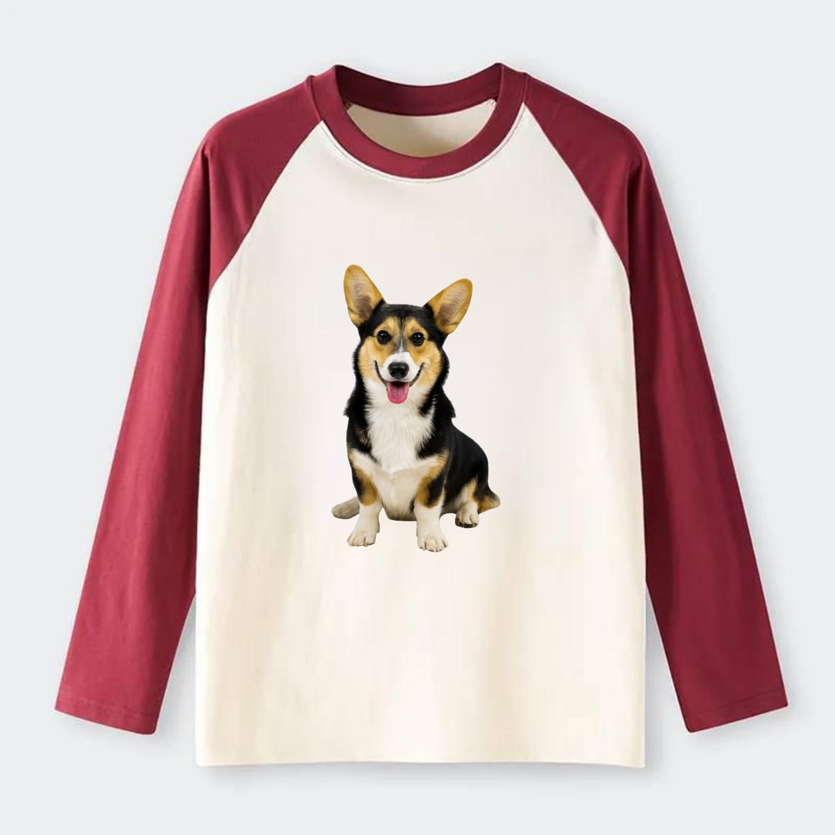 Tricolor Corgi - Raglan Long Sleeve T-Shirt - Red