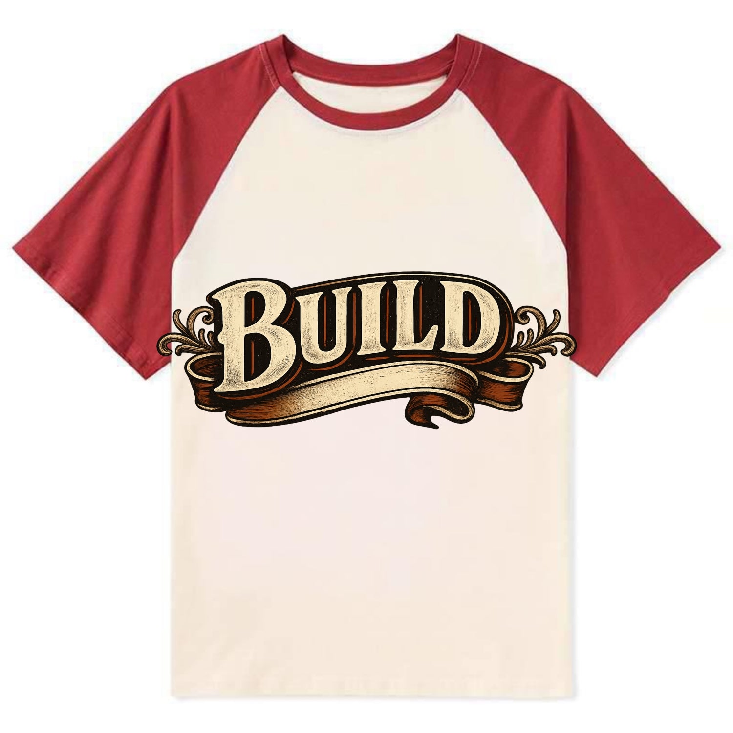 Bold typography design - "BUILD" - constructing, making real - Contrast Raglan T-shirt - Red
