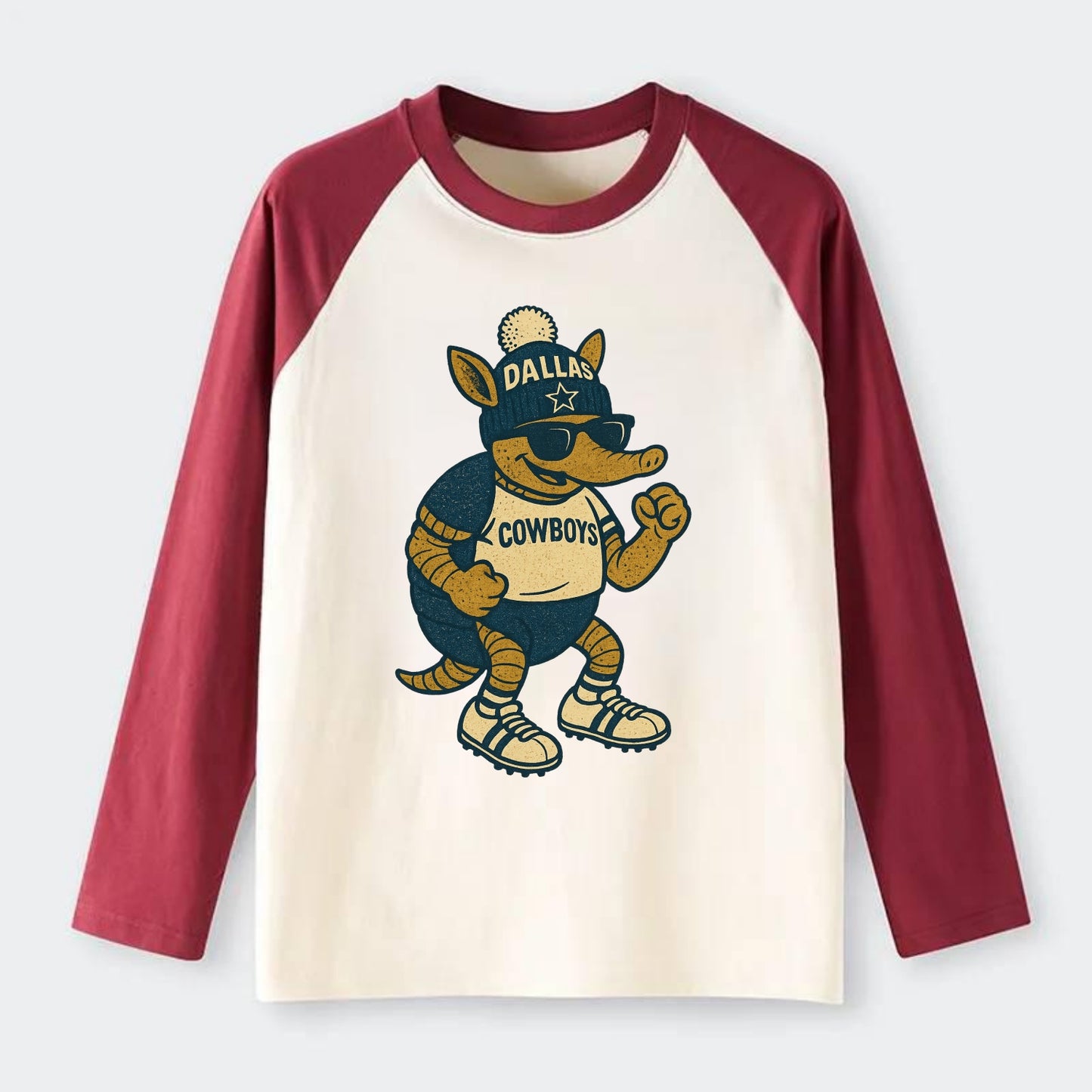 Dallas Armadillo wearing Cowboys beanie with lone star patch and - Raglan Long Sleeve T-Shirt - Red