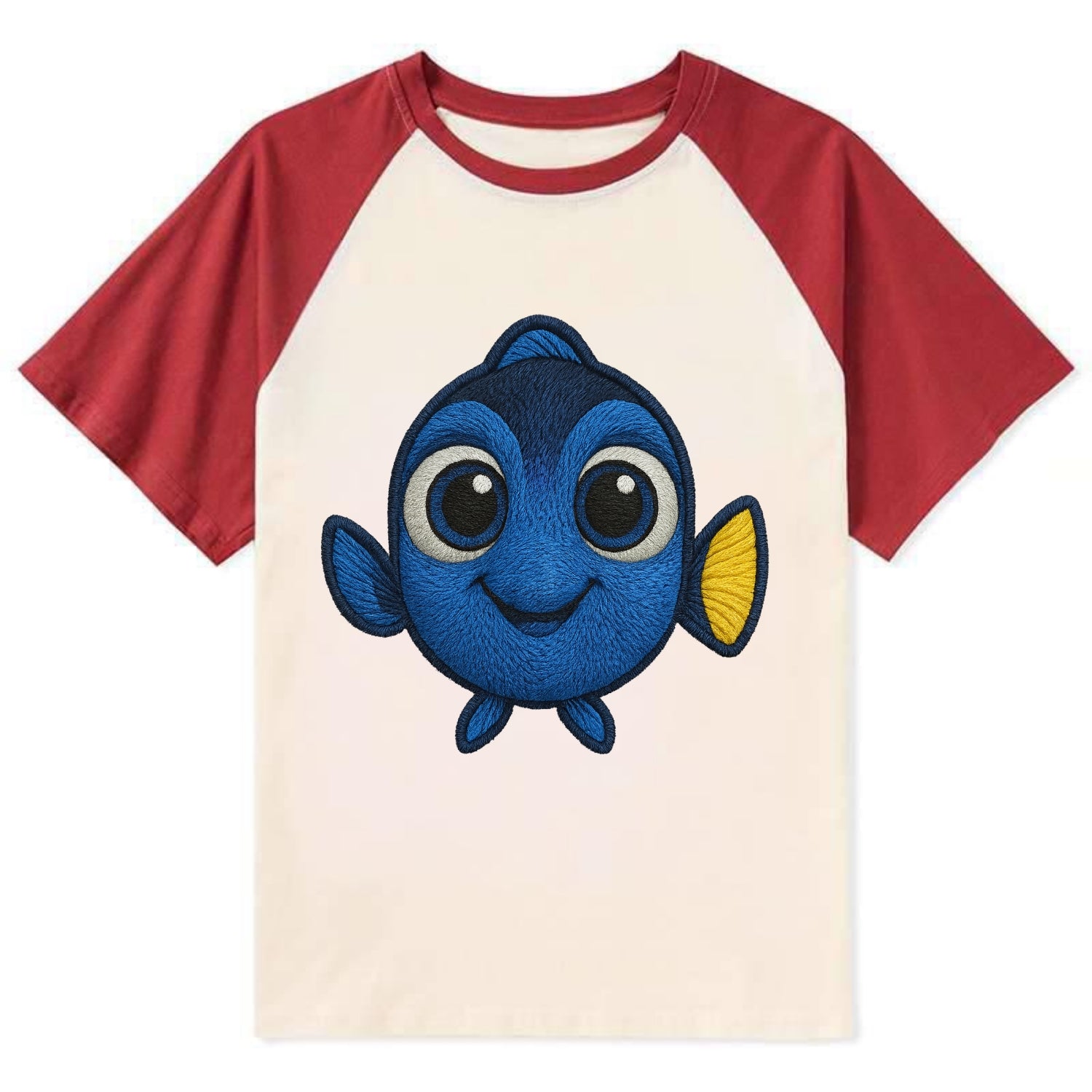 Baby Blue Tang - bright blue with yellow tail, big eyes, front-facing, - Contrast Raglan T-shirt - Red
