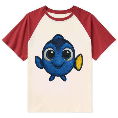 Baby Blue Tang - bright blue with yellow tail, big eyes, front-facing, - Contrast Raglan T-shirt - Red