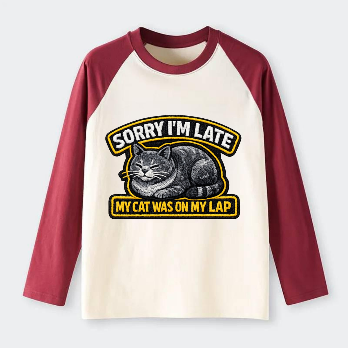 SORRY IM LATE MY CAT WAS ON MY LAP - cat loaf in gray , valid excuse - Raglan Long Sleeve T-Shirt - Red