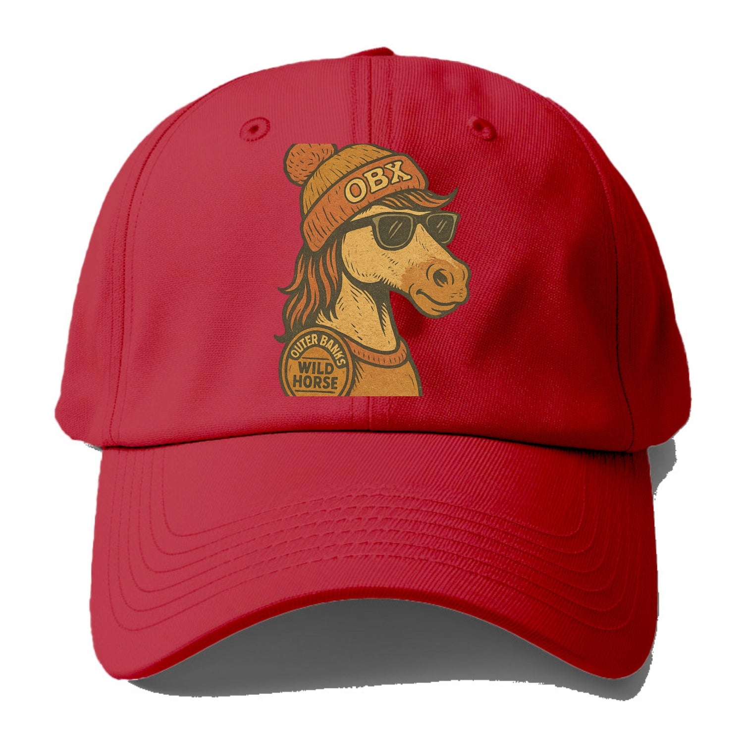 Outer Banks Wild Horse wearing OBX beanie with pom pom and wayfarer sunglasses - Baseball Cap - Red