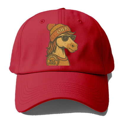 Outer Banks Wild Horse wearing OBX beanie with pom pom and wayfarer sunglasses - Baseball Cap - Red