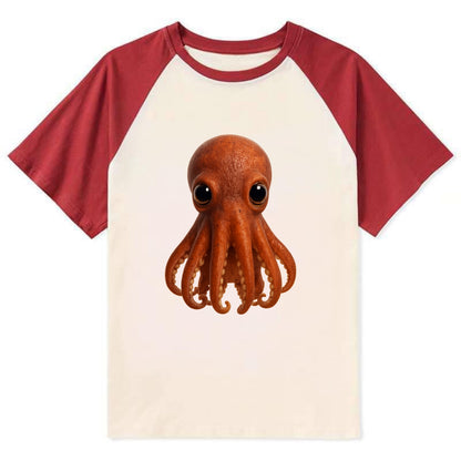 Baby Giant Pacific Octopus - reddish, smaller tentacles, expressive eyes, - Contrast Raglan T-shirt - Red