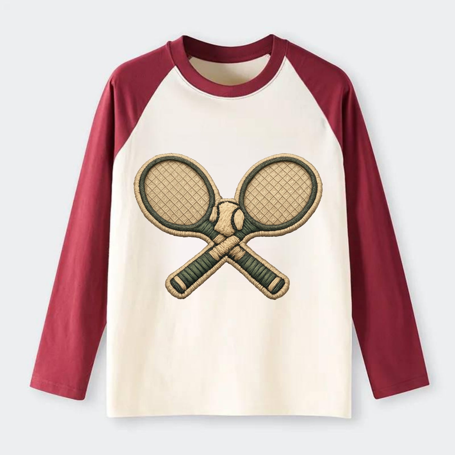 Embroidered patch design - TENNIS RACKET CROSSED - tennis rackets with - Raglan Long Sleeve T-Shirt - Red