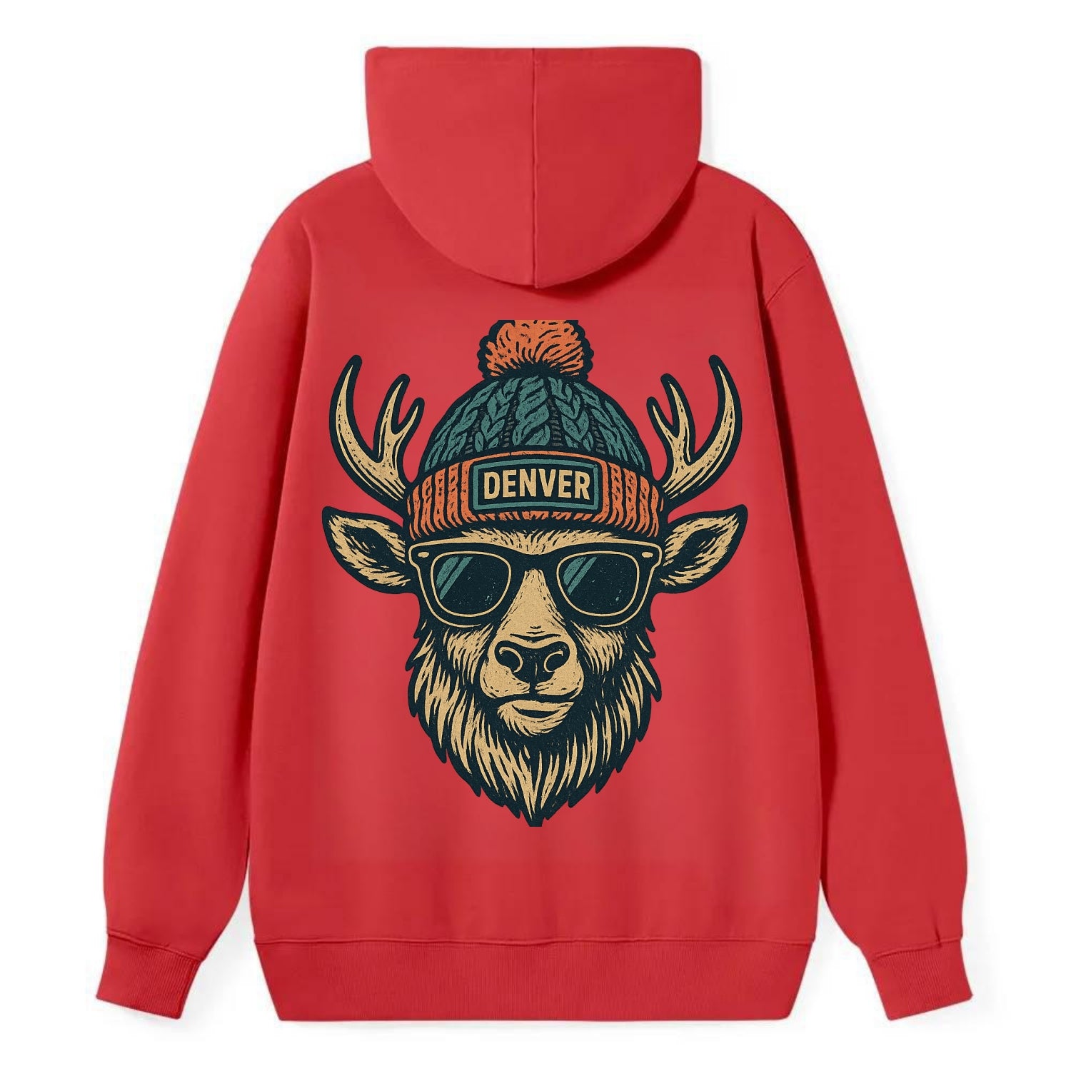 Denver Elk wearing Denver beanie with pom pom and wayfarer sunglasses - Classic Pullover Hoodie - Red