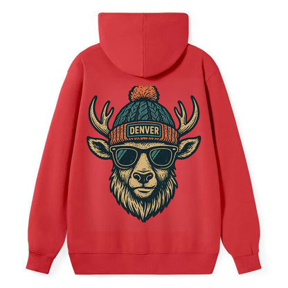 Denver Elk wearing Denver beanie with pom pom and wayfarer sunglasses - Classic Pullover Hoodie - Red