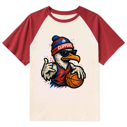 LA Seagull wearing Clippers red white and blue beanie with ship patch and - Contrast Raglan T-shirt - Red