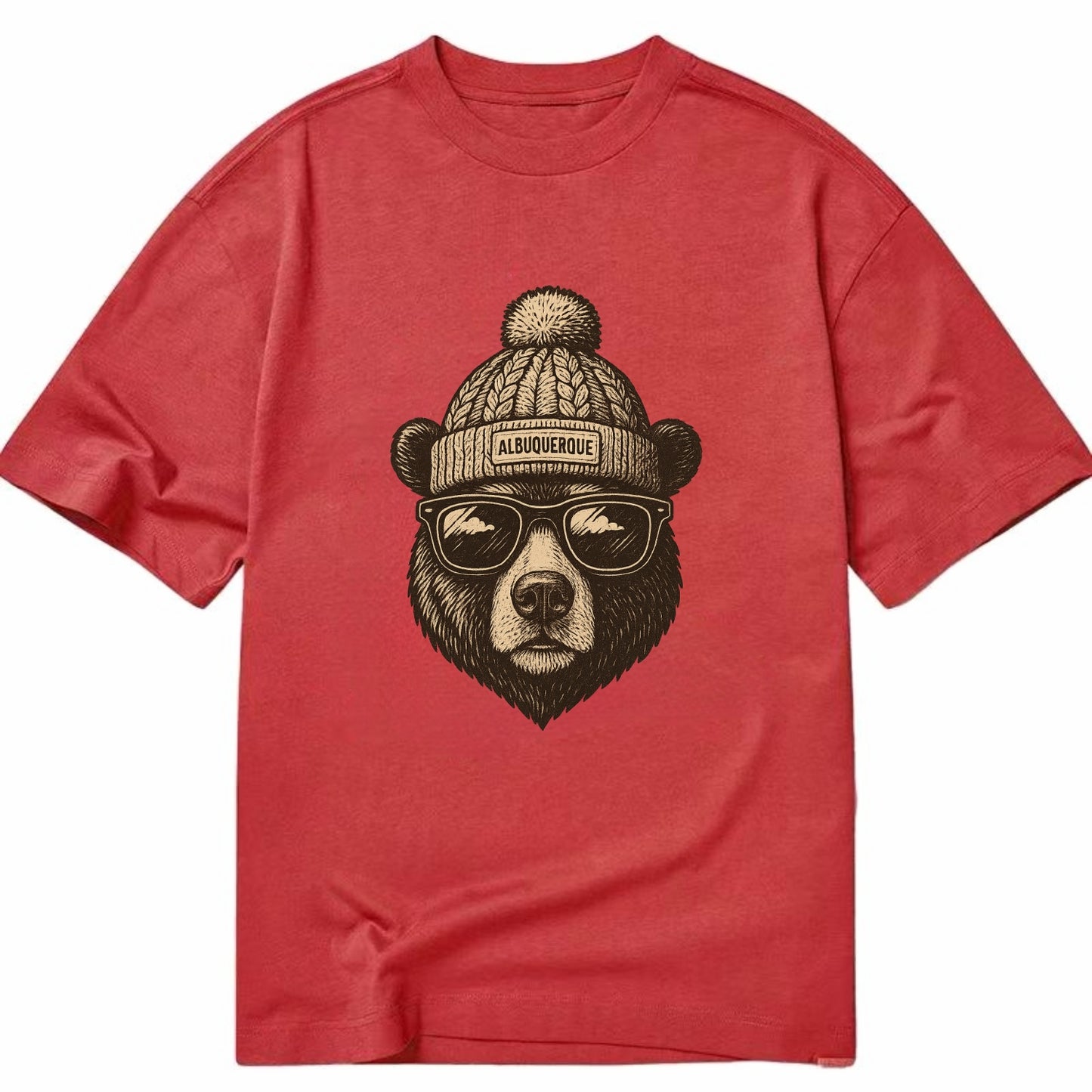 New Mexico Black Bear wearing Albuquerque beanie with pom pom and wayfarer - Classic T-shirt - Red