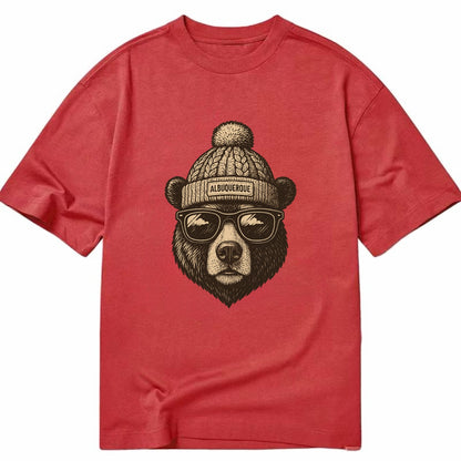 New Mexico Black Bear wearing Albuquerque beanie with pom pom and wayfarer - Classic T-shirt - Red