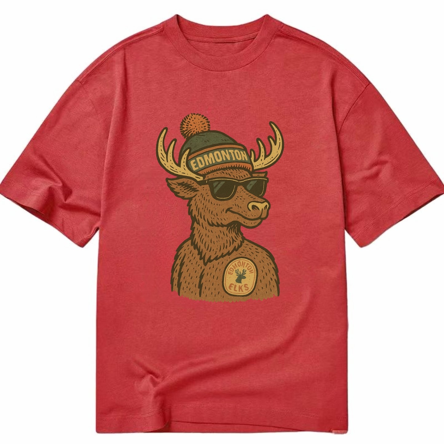 Edmonton Elk wearing Edmonton beanie with pom pom and wayfarer sunglasses - Classic T-shirt - Red