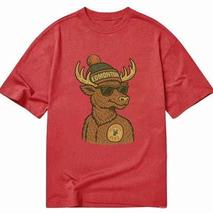Edmonton Elk wearing Edmonton beanie with pom pom and wayfarer sunglasses - Classic T-shirt - Red
